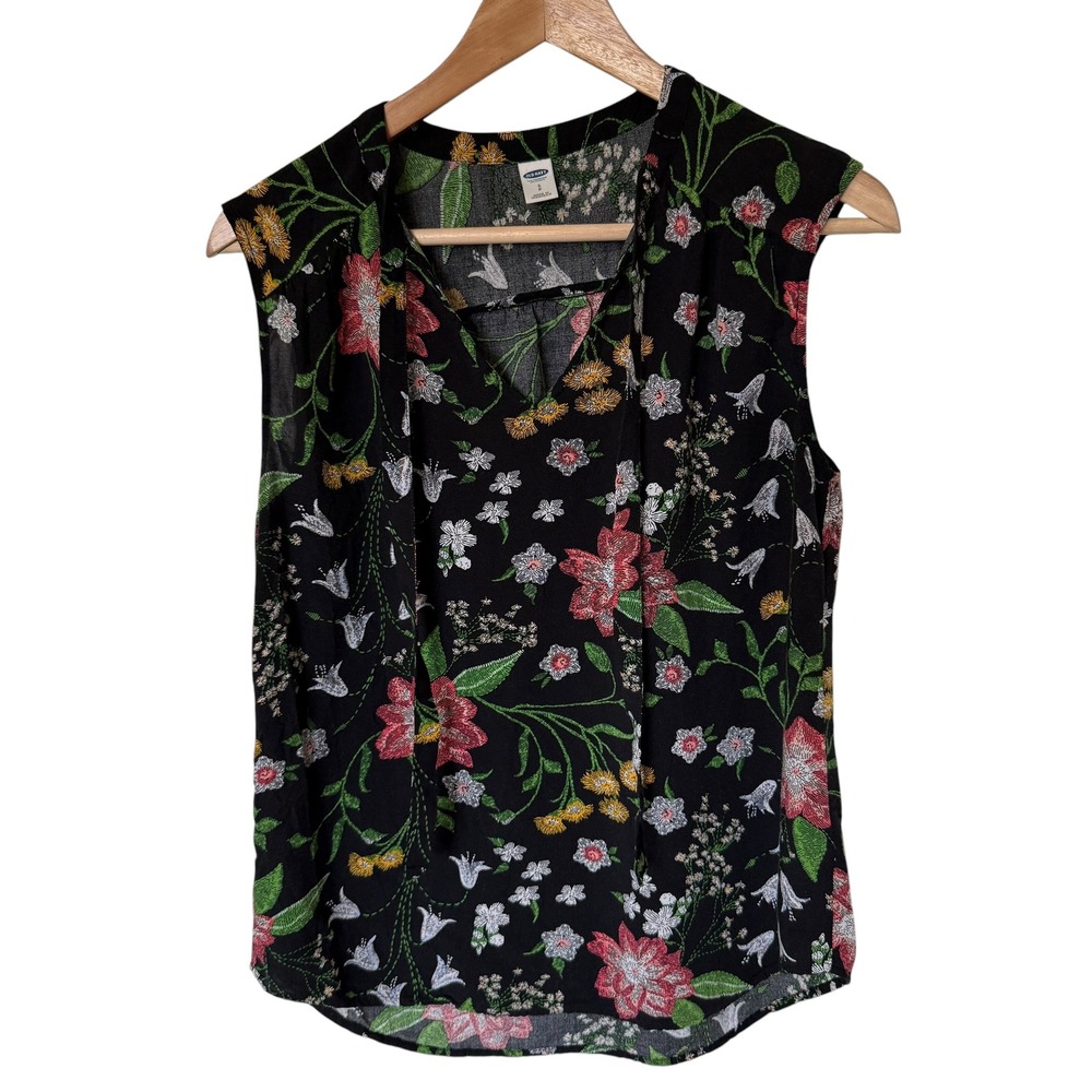 Old Navy Floral Sleeveless Blouse Womens Small Black Excellent Tie Neck V-Neck